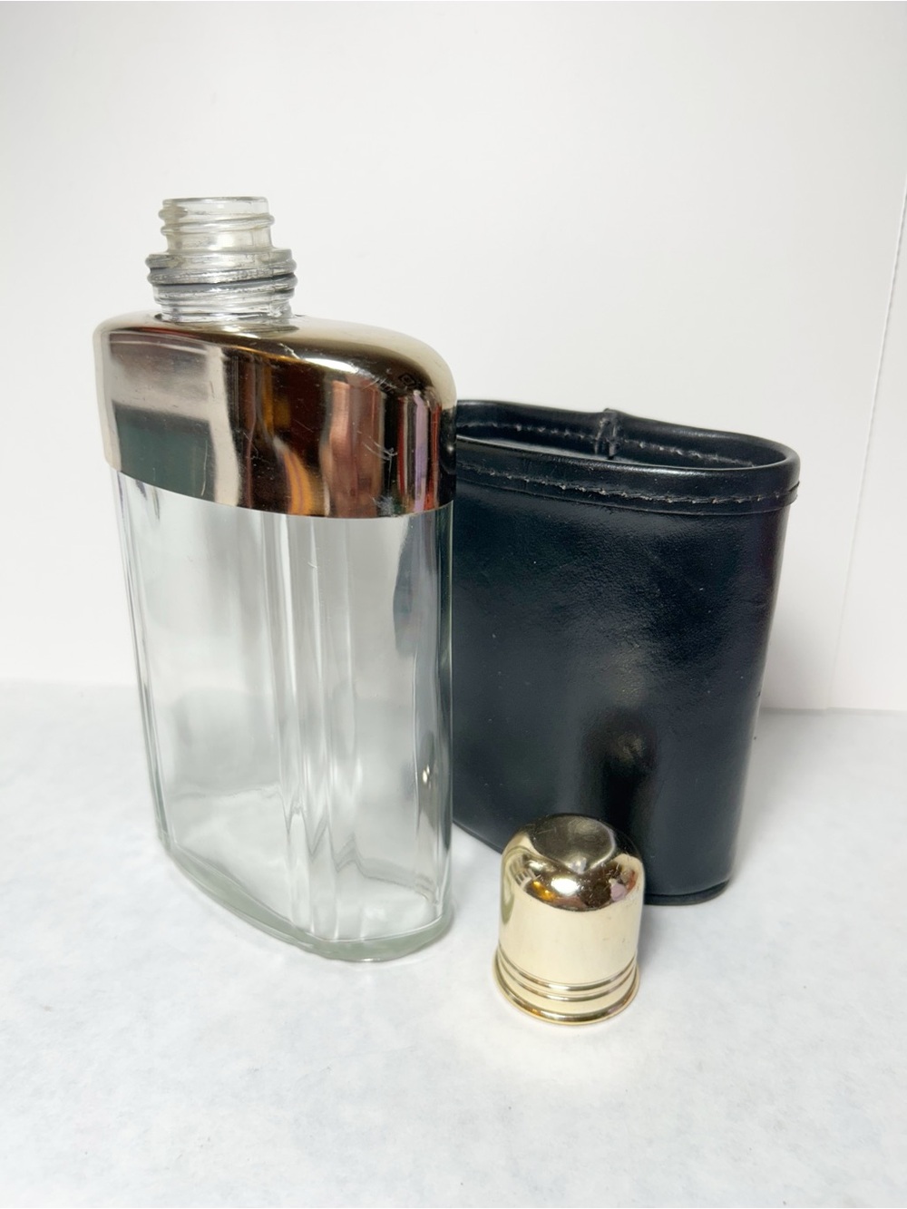 Highland Cowhide Black Leather Wrapped Gold Hip Flask, Vintage Style